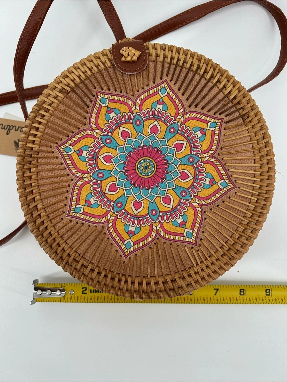 Francesca's Collections Round Woven Crossbody in Brown with Multicolor Mandala - Picture 7 of 8